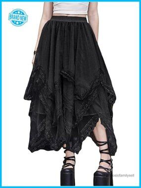 Lace Trim Mesh Tulle Skirt High Waist Asymmetrical Long Goth Skirt